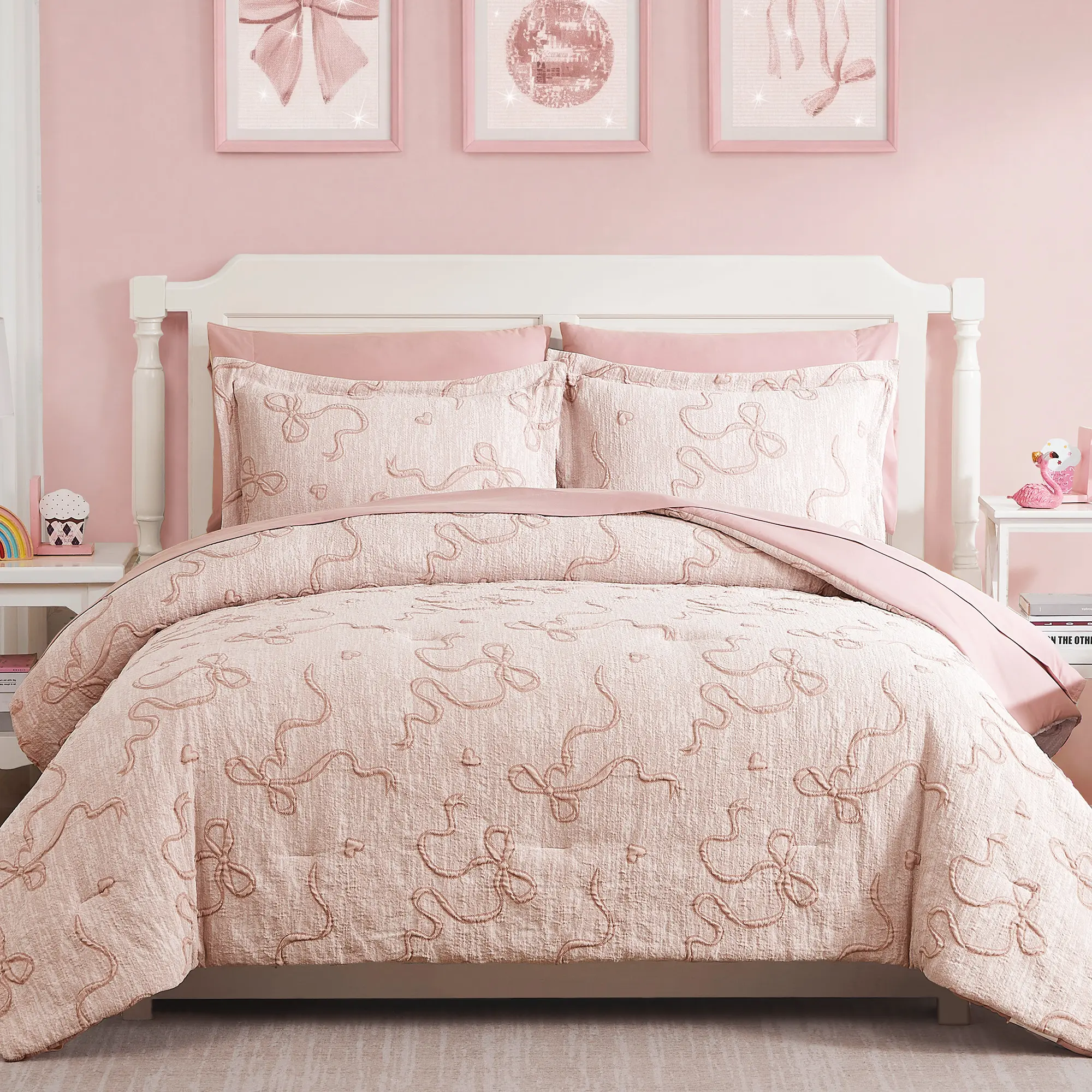 【Summer Sales Deals】Melex Home Comforter Set for Girls- 5/7 Pieces Bowknot Jacquard Bed in A Bag Twin Bedding Sets with Sheets, Pillowcases & Shams, All Season Comforter Set