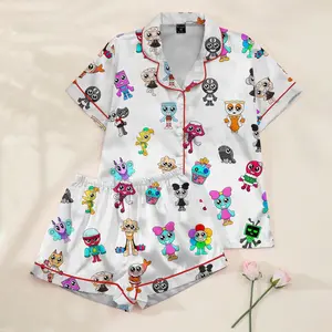Dandy’s World Silky Pajamas Set, Roblox Dandy World Fan Gift, Gaming Satin Sleepwear for Kids & Adults, Cute Cartoon Gamer Nightwear