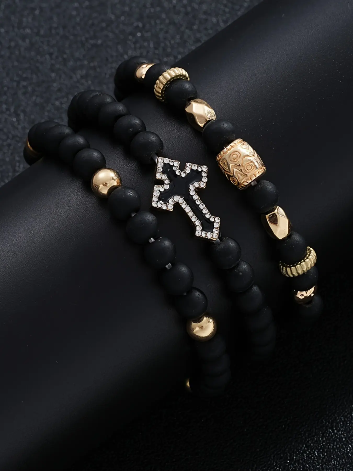Men's Casual Fashion Stackable Beaded Bracelet Combination Set with Cross Beads and Diamond Style, Iron Chain and Zinc Alloy Hand Chain for Daily Wear, Great Gift for Boyfriend or Father