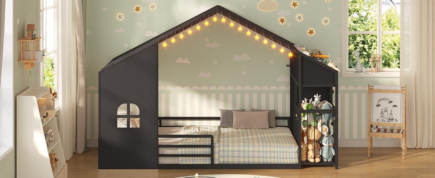 Twin Size Montessori Floor Bed with LED Night Light & Safety Guardrail, House Bed Floor Bed Twin with Drawers, Bookshelf storage & Plush Toy Storage Cage, Playhouse Bed Frame for Bedroom, Nursery, Black