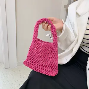 Fashion hand-woven bag, tote bag, hollow mesh pocket, yellow tote bag, fashionable and breathable and lightweight design, multi-functional storage bag
