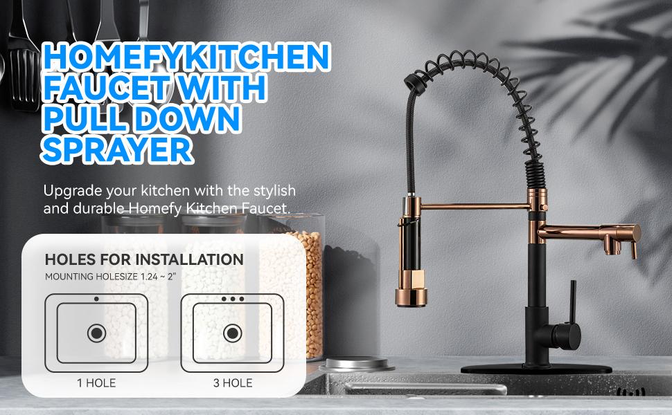 NGNP Kitchen faucet with pull-down spray, single handle double outlet commercial kitchen sink faucet, solid copper body, compatible with deck 1 or 3 holes sprayer black steel high arc Out Modern Decorative