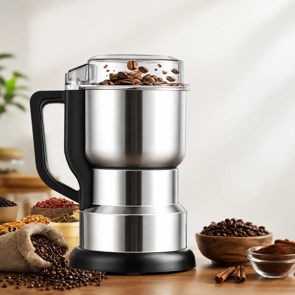 300W High-Power Food-Grade Electric Grinder - Multifunctional Kitchen Supplies for Coffee, Grains - Bonus Espresso Maker