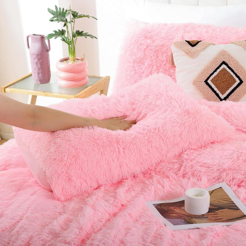 Smoofy 3-Piece Plush Faux Fur Pink Comforter Set - Queen Size Fluffy, Double-Sided Shaggy Velvet Bedding with Comforter & 2 Pillowcases