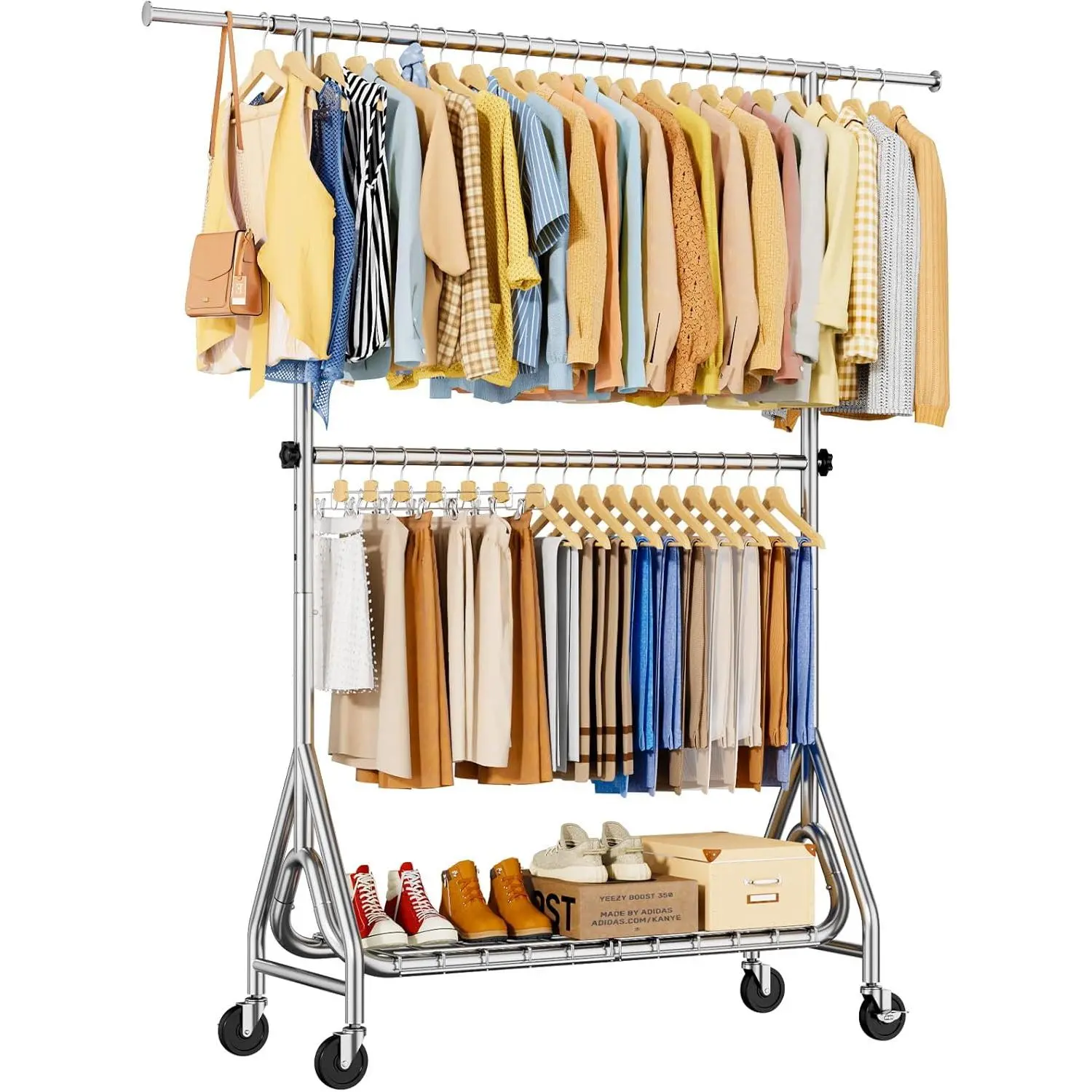 Heavy Duty Hanger for Hanging Clothes, Double Rod Hanger with Lockable Wheels, Rolling Metal Garment Rack Heavy Duty, Portable Wardrobe Hanger, Quantity: Silver