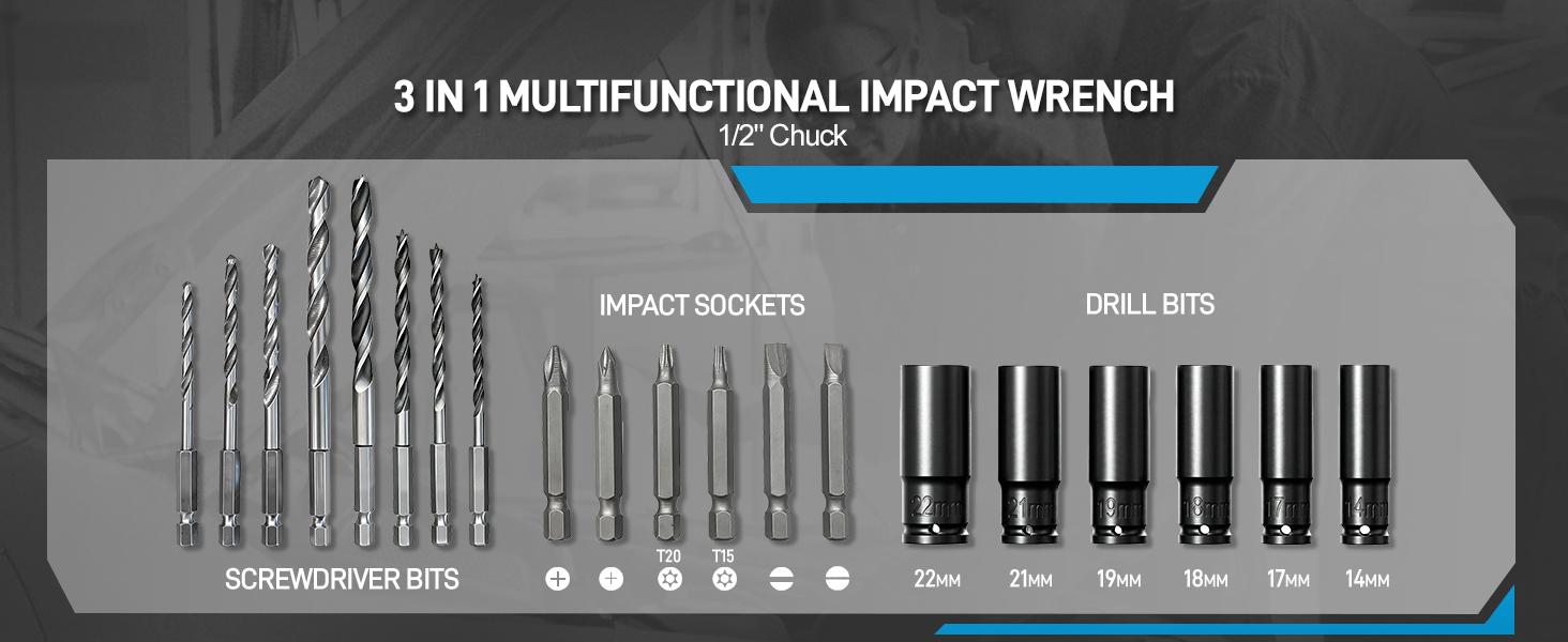 GEVEELIFE 750Nm 3 in 1 Brushless Impact Wrench 1/2" Cordless 3300RPM, 2×4.0Ah Batteries, 6 Sockets Car DIY Furniture Lawn Mower GEVEELIFE 750Nm 3 in 1 Brushless Impact Wrench 1/2" Cordless 3300RPM, 2×4.0Ah Batteries, 6 Sockets Car DIY Furniture Lawn Mower