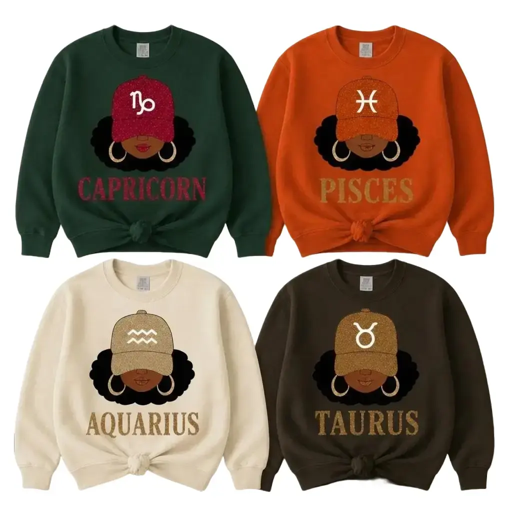 12 Zodiac Black Girl Sweatshirt, Afro Zodiac Sign Crewneck, Melanin Queen Astrology Sweatshirt, Taurus Capricorn Aquarius Pisces Graphic Pullover, Birthday Gift for Women-DF