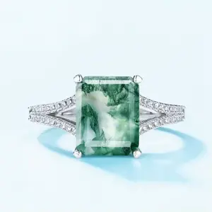 Rhodium 925 Sterling Silver 4CT Natural Moss Agate Luxury Design Ring (Size 6-8)