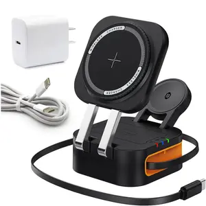 Racktodoor 2026 Retractable 3 in 1 Charging Station [Built in Cable], 22.5W Fast for Magsafe Wireless Charger, Travel Essentials, Magnetic Foldable Stand for iPhone Android iWatch Airpods