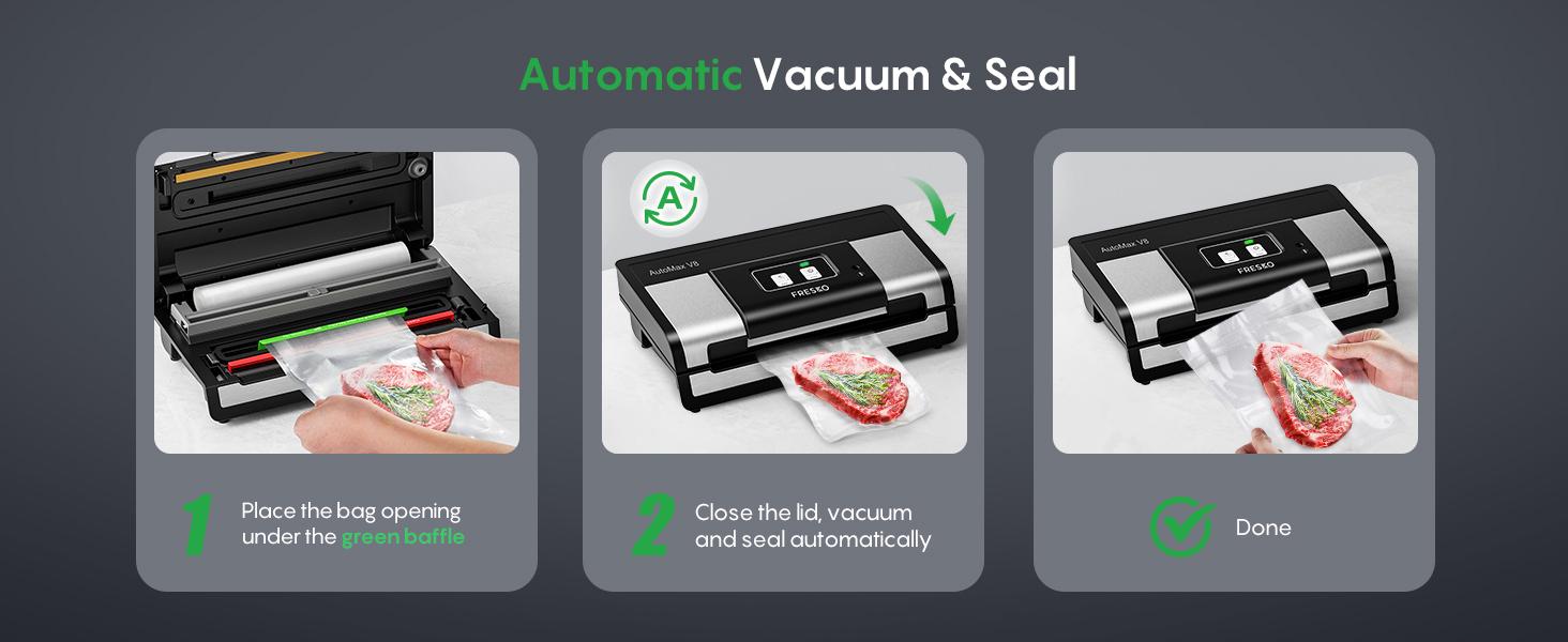 FRESKO AutoMax V8 Heavy Duty Vacuum Sealer Machine, Automatic Food Saver with Dry & Moist Modes, Built-in Cutter & Bag Storage, Includes Bags & Rolls