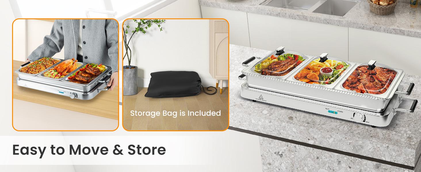 COSTWAY Buffet Servers and Warmers, 2 in 1 Electric Warming Tray, Stainless Steel Chafing Dish with Temperature Control, 3 Serving Trays, 4.5/8 Qt Food Warmers Station for Parties Banquets Events, Dishwasher Safe, Christmas Gift Black Friday Cyber Monday