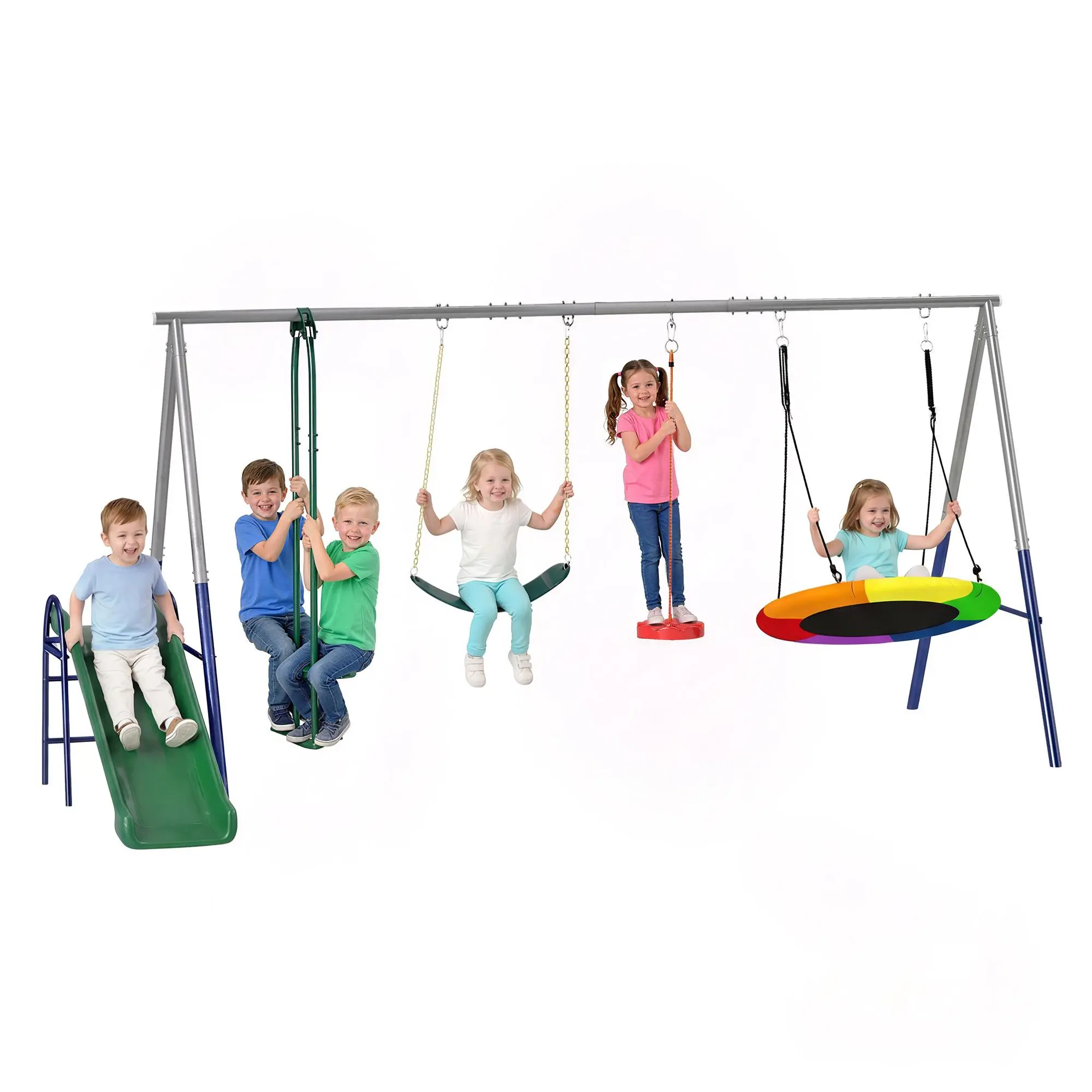 Qaba 5-in-1 Kids Swing Set for Backyard, 770lbs Capacity Heavy-Duty Metal Outdoor Playset with Slide, Saucer Swing, Belt Swing, Glider and Standing Swing, Adjustable Height, Ages 3-8, Mixed Color