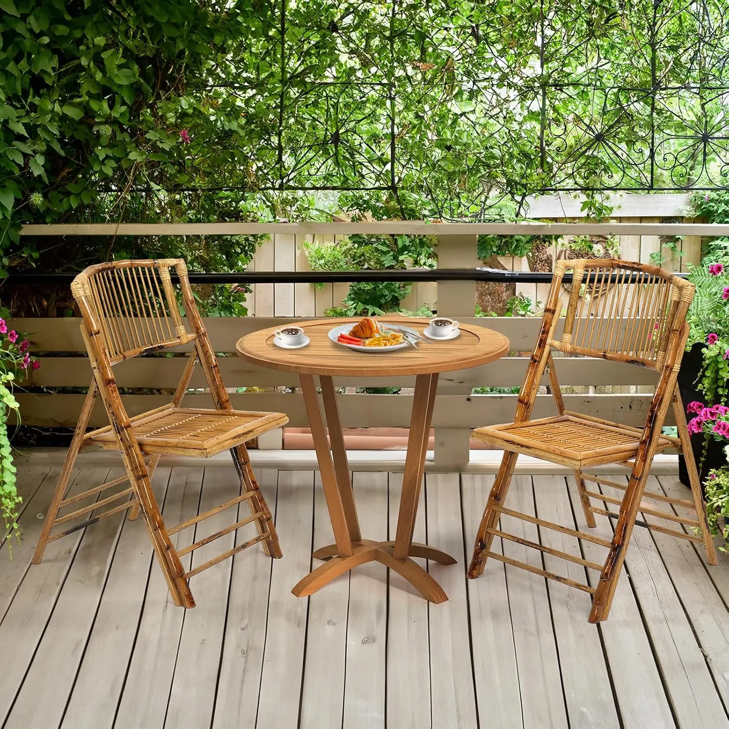 VINGLI 4-Pack Foldable Armless Bamboo Dining Chairs - Bamboo Material, Fixed Back, Stability, Longer Ribs, Comfortable Seat for Indoor, Garden, Patio Use