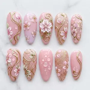 Pink Sakura Floral Press On Nails with Gold Swirl Details – Elegant 3D Blossom Spring Wedding Handmade Nail Set