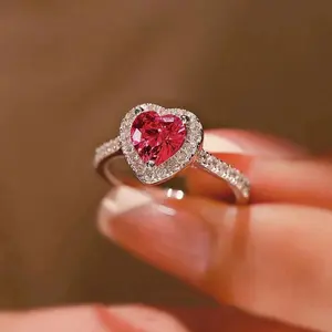 925 Silver Plate Pink Heart Shaped Cz Romantic Simple & Elegant Wedding Ring for Women