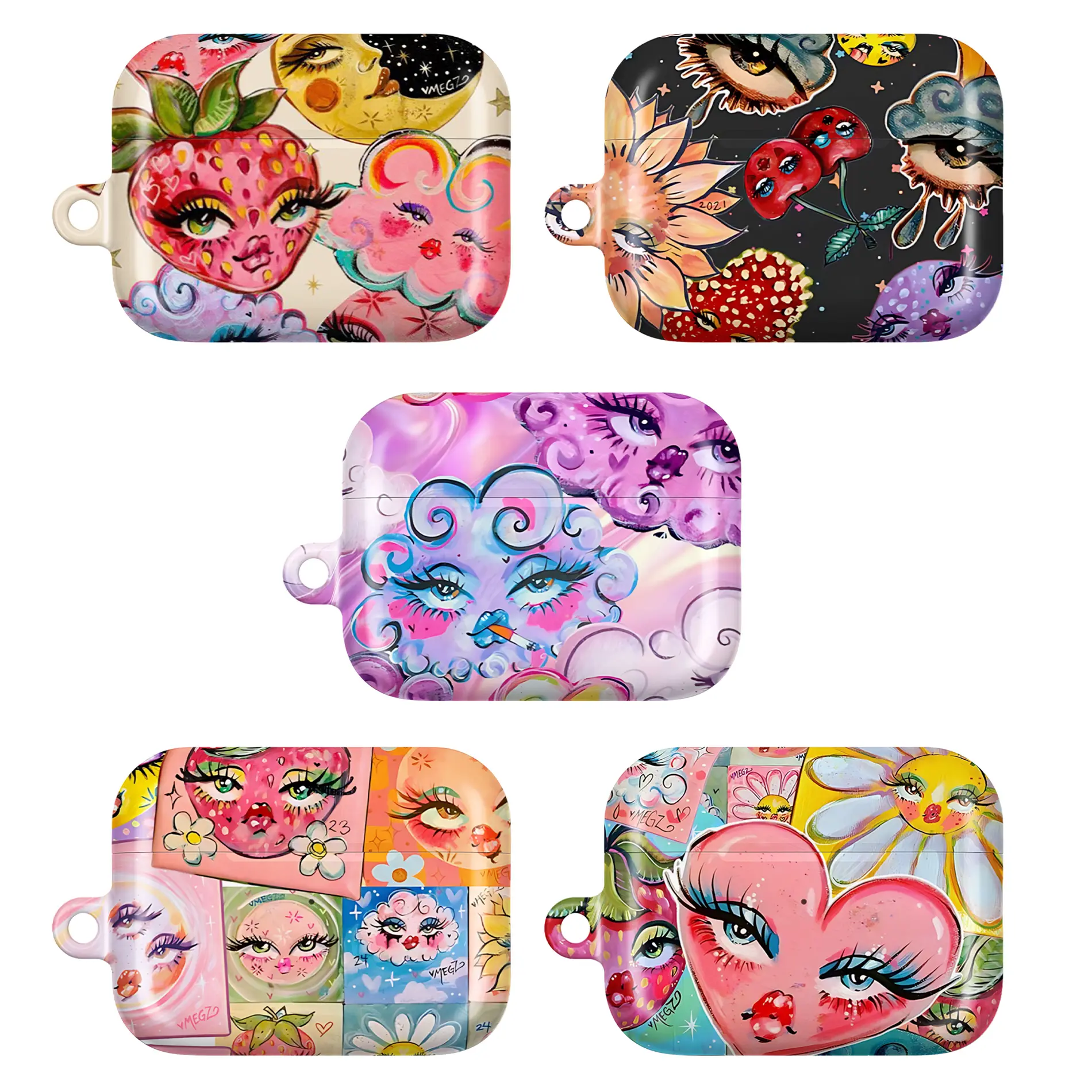 Whimsical Celestial AirPods Case Collection, Vibrant Moon & Floral Face Cover for AirPods 4/3/2/1 & Airpods Pro 3/2/1, Indie Aesthetic Trippy Art Cover for AP, Adorable Gift for Women & Girls, Funky Pop - Cute Strawberry & Heart