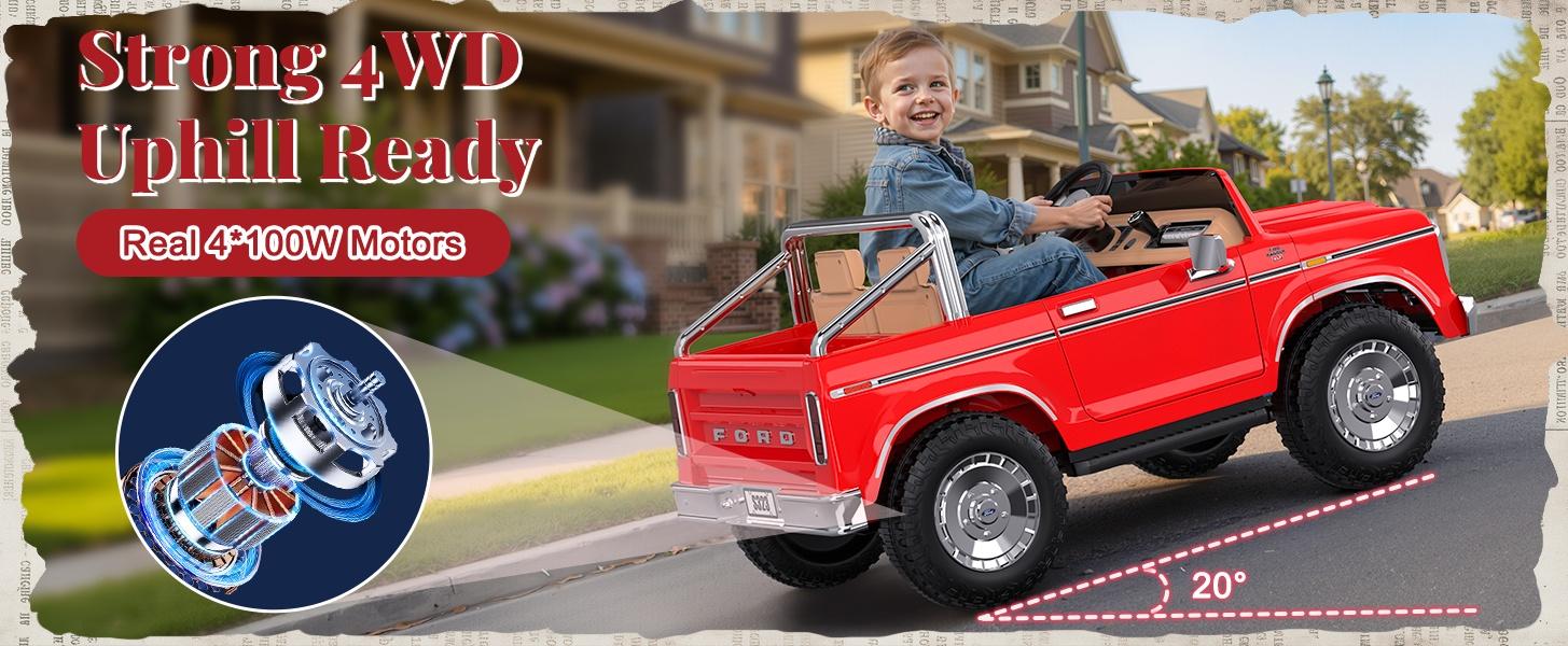 ANPABO Licensed Ford F-150 2 seat Kids Ride on Car 24V, 4 * 100W Motors, 3-Speeds, Soft Start, Large Storage Box, Music Player, Remote Control, Retro Style, Electric Car for Kids 3-8