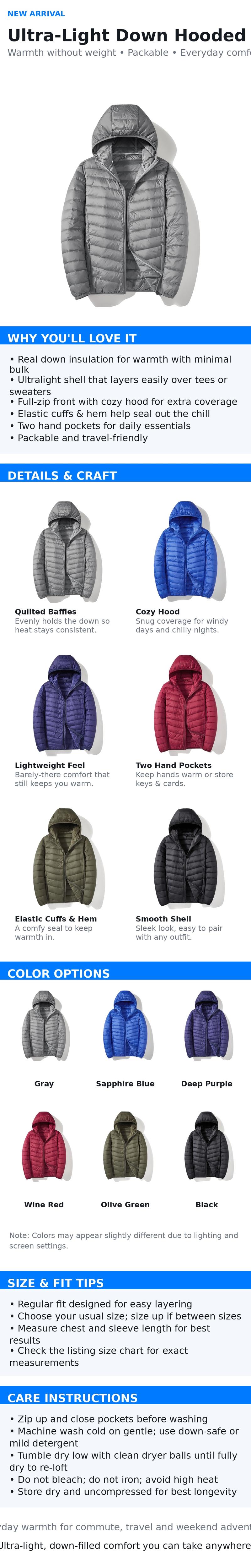 Men's Hooded Lightweight Down Jacket Warm Packable Puffer Coat Zip-Up Winter Outerwear for Casual Wear with Hood and Comfortable Down Material