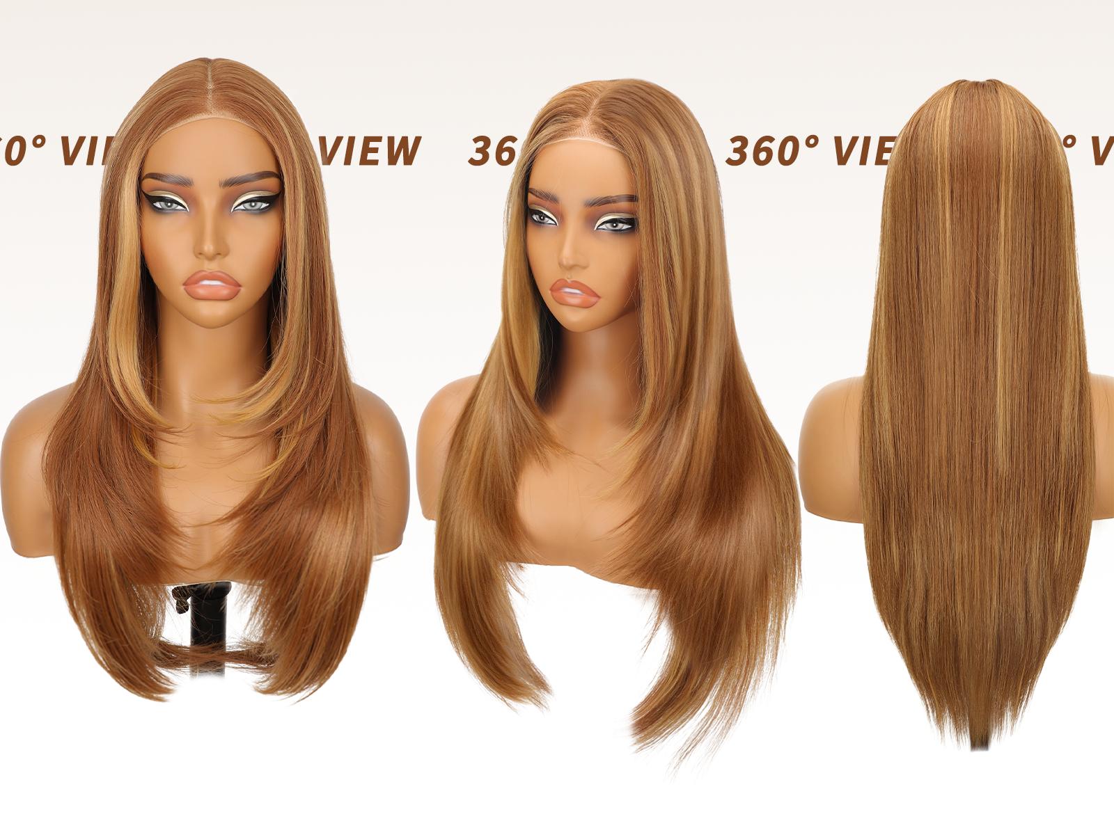 [AISI HAIR]26inch Wear  Wigs Pre Plucked Pre Cut for Beginners Honey Blonde with Chestunt brown Synthetic Lace Front Wigs For Woman Long layered straight Wigs with bangs  middle part wig 26 Inch