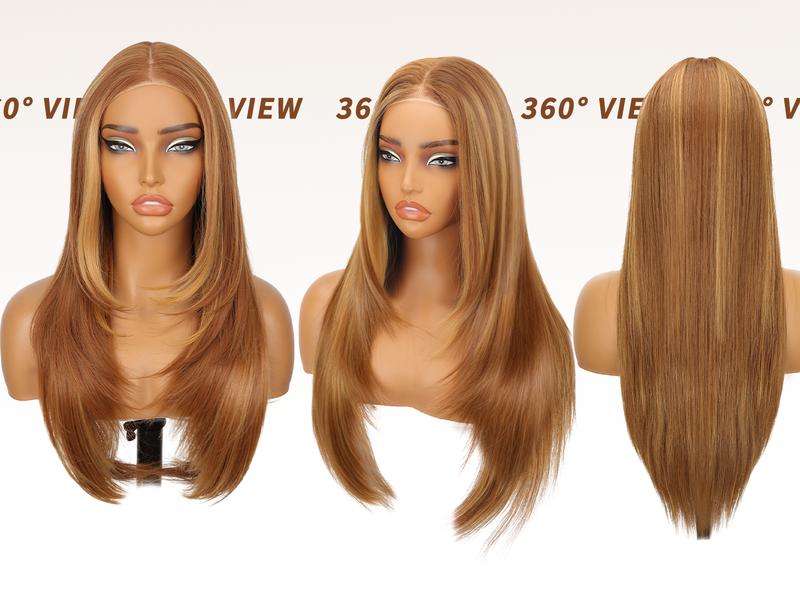 [AISI HAIR]26inch Wear  Wigs Pre Plucked Pre Cut for Beginners Honey Blonde with Chestunt brown Synthetic Lace Front Wigs For Woman Long layered straight Wigs with bangs  middle part wig 26 Inch