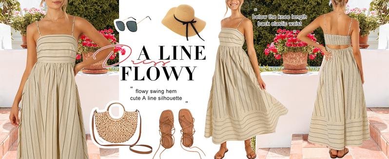 Ebossy Women's Summer Striped Back Smocked Maxi Dress Sleeveless Sexy Spaghetti Strap Cut Out Flowy Swing Long Dress Casual Womenswear