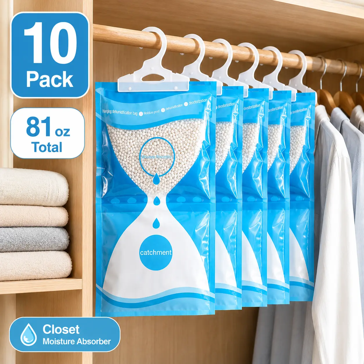 Hangable Leak-Proof Dampproof Dehumidifier Bags, 10-Pack 81 oz Absorbent Solid Humidity Absorber for Mold & Musty Odor Prevention, Ideal for Closet, Bathroom, Daily Home Moth & Damp Proofing Supplies