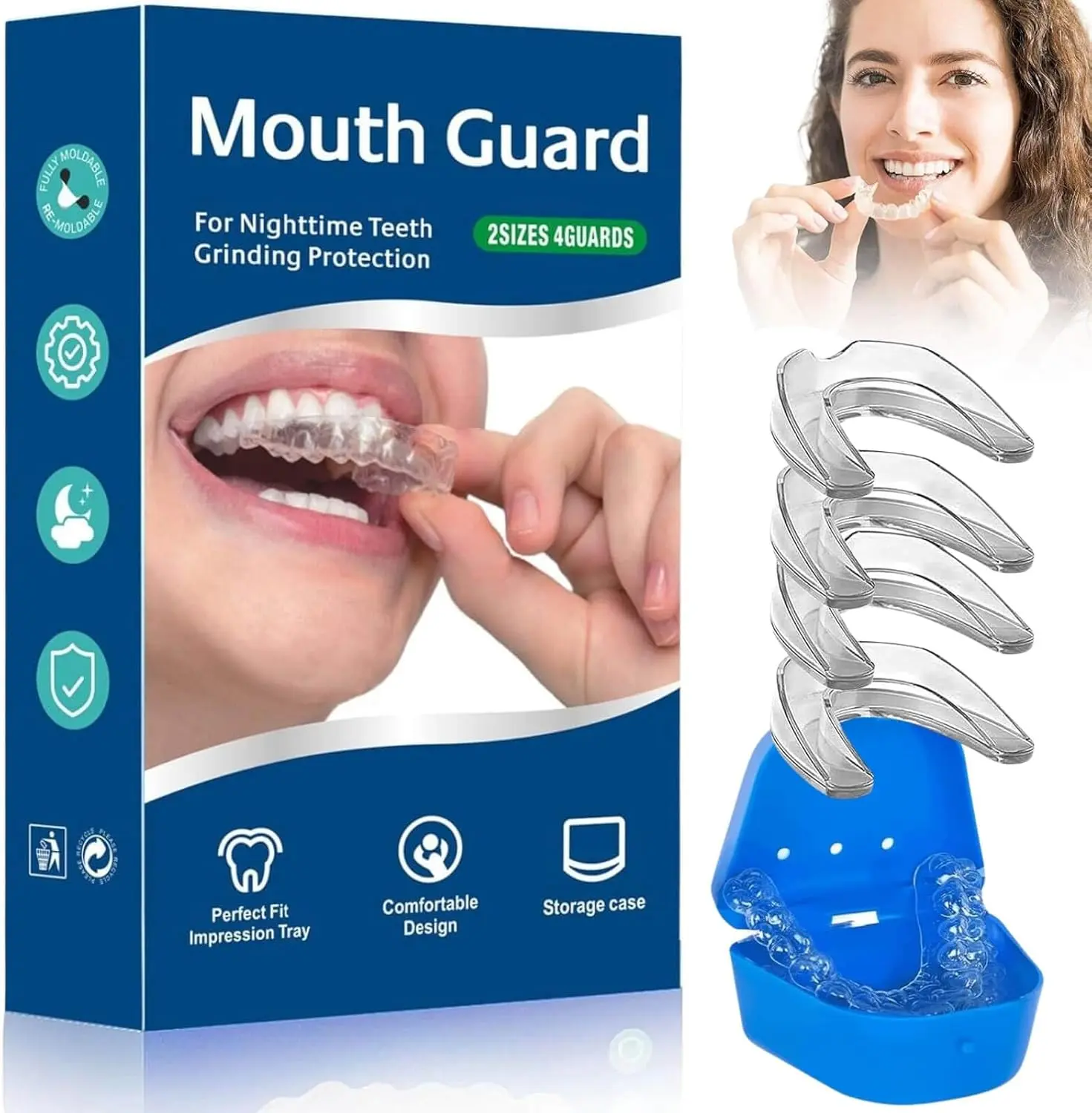 Custom Fit Mouth Guard for Teeth Grinding at Night - 4 Pack EVA Moldable Night Guards for Adults & Teens - Thickened Design Safe Soft Comfortable Reusable Design with Carrying Case - Stop Teeth Clenching & Jaw Pain