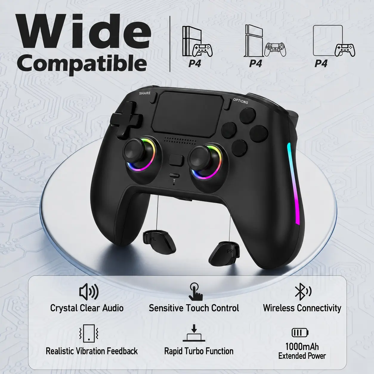 Wireless Gamepad Remote Controller for PS4, Battery-Powered Video Game Accessory with Hall Effect Joysticks, Color Changing RGB Lighting, Turbo Fire, Macro Programming, Dual Vibration, 1000mAh Battery,back to school,back to school haul