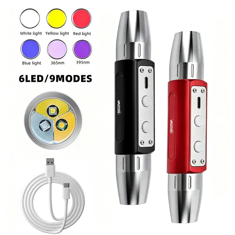 VASTFIRE Professional Jewelry Inspection LED Flashlight - 304 Stainless Steel Dual-Headed High-Power UV Lamp, 6-in-1 365nm-395nm LED Lights, Waterproof, Lithium Battery, USB Port, Yellow Accents, Rechargeable for Jade Identification, Caving, Sailing, Batt
