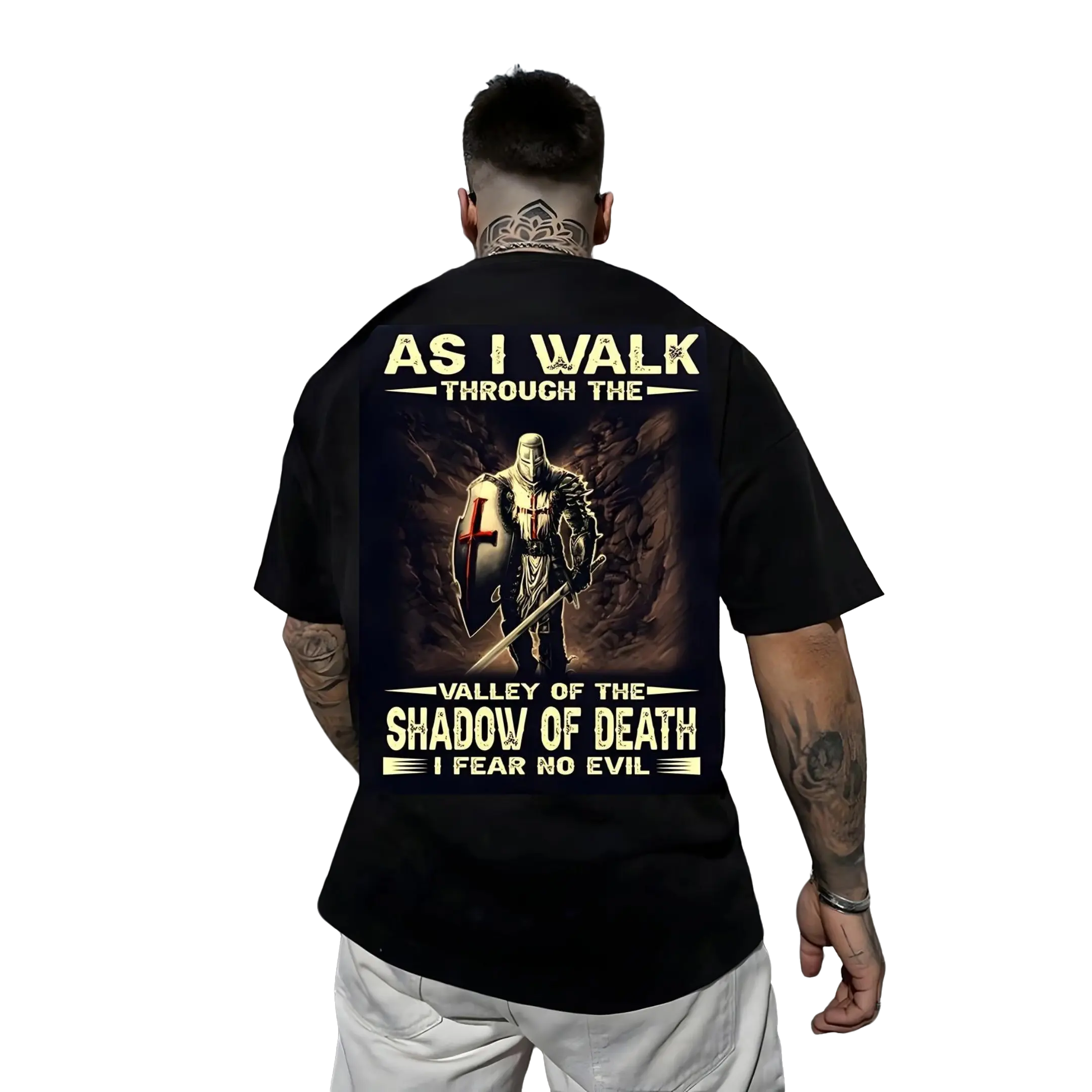 Men's Christian Faith Graphic T-Shirt, Psalm 23 Knight Print Streetwear, Casual Round Neck Cotton Top for Big & Tall Plus Size
