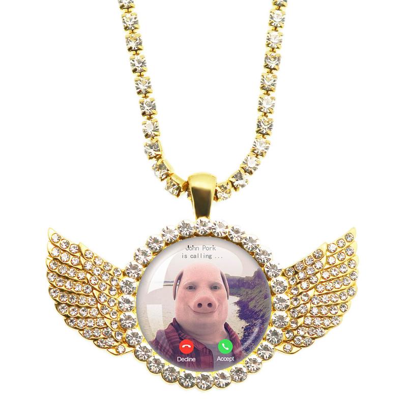Picture Chain Pendant 18K Gold Wing Bezel Charms  Plated Hip Hop Pendant Necklace