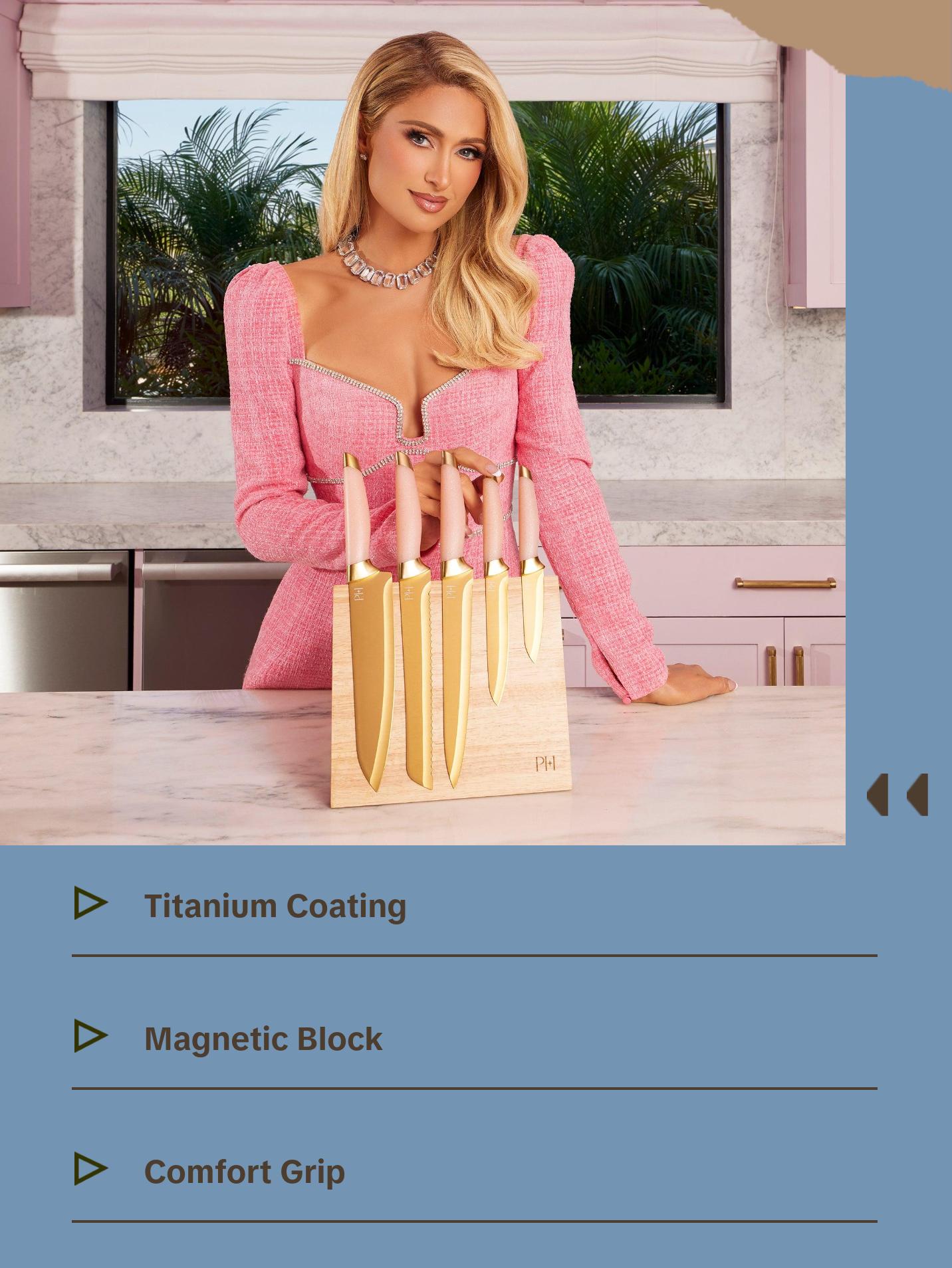 Paris Hilton Knife Block Set with Magnetic Wooden Knife Block, High Carbon Stainless Steel Blades, Titanium Coating, 6-Piece Set, Pink & Gold