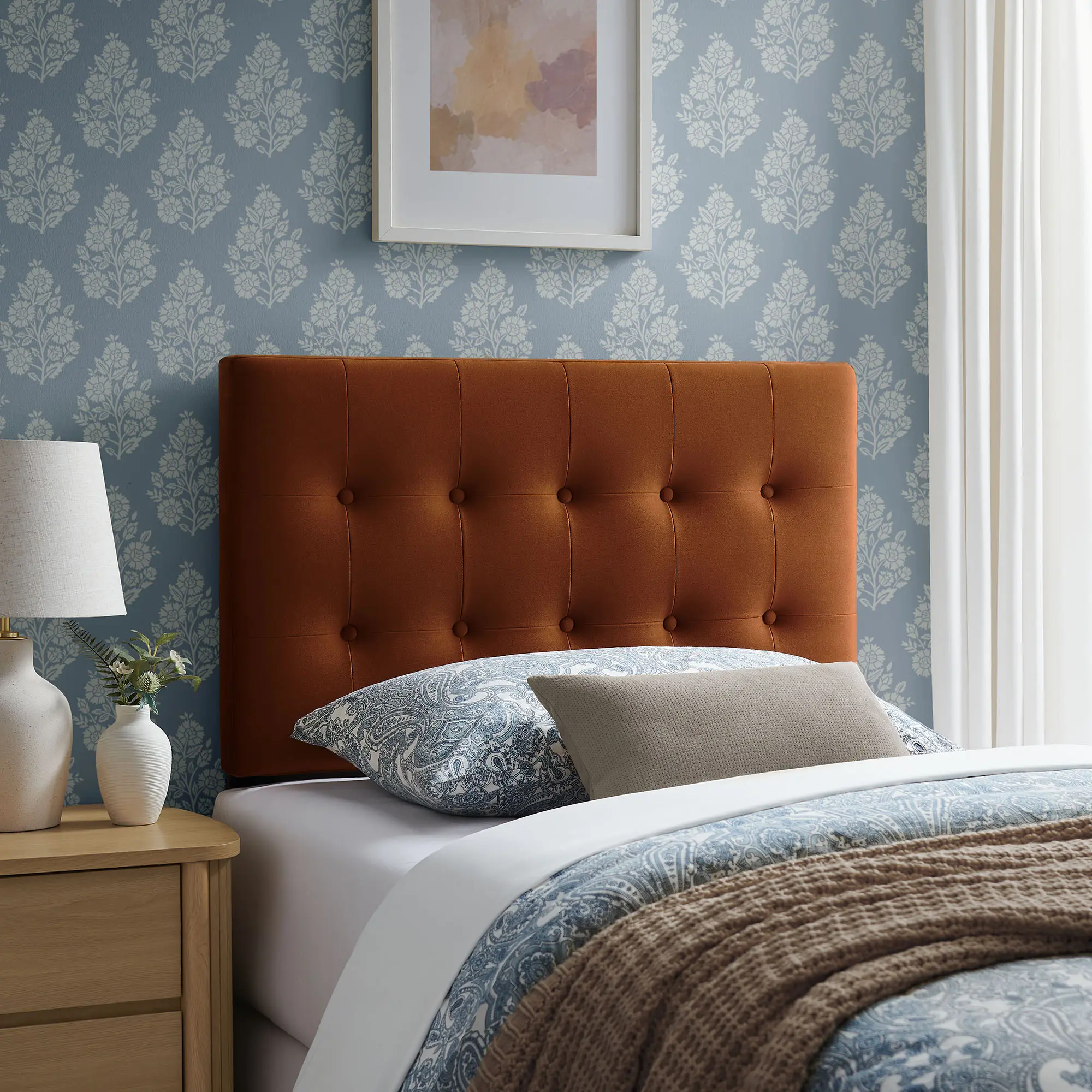 Modway Emily Tufted Button Adjustable Twin Size Single Headboard, Rust Stain-Resistant Performance Velvet, Wood Frame Indoor Furniture for Modern Bedroom, Kids’ Rooms