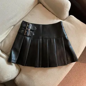 Retro brown leather pleated skirt autumn high waist slim hot girl mini skirt word skirt Fabric Womenswear