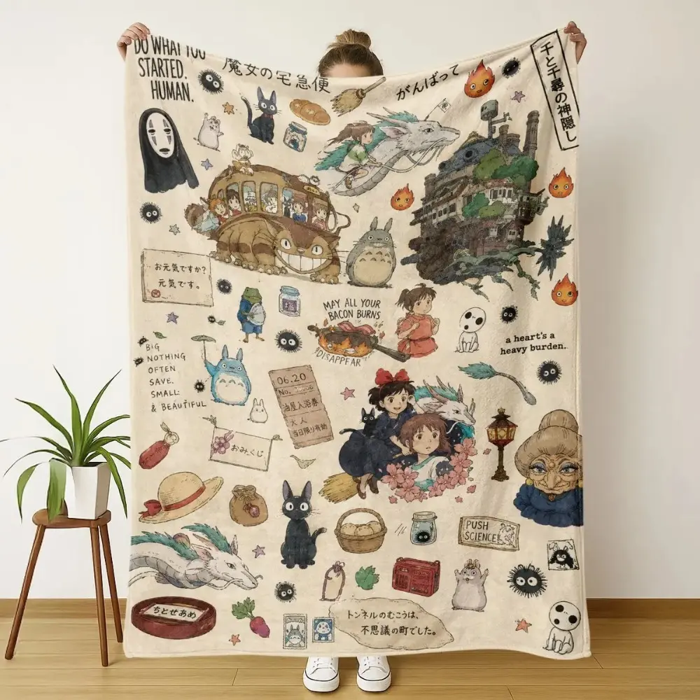 Classic Studio Ghibli Soft Flannel Blanket with Character Prints - Totoro, No Face, Calcifer, Haku, Jiji - Ideal for Home Lounging, Indoor Use, Perfect Gift for Anime Lovers