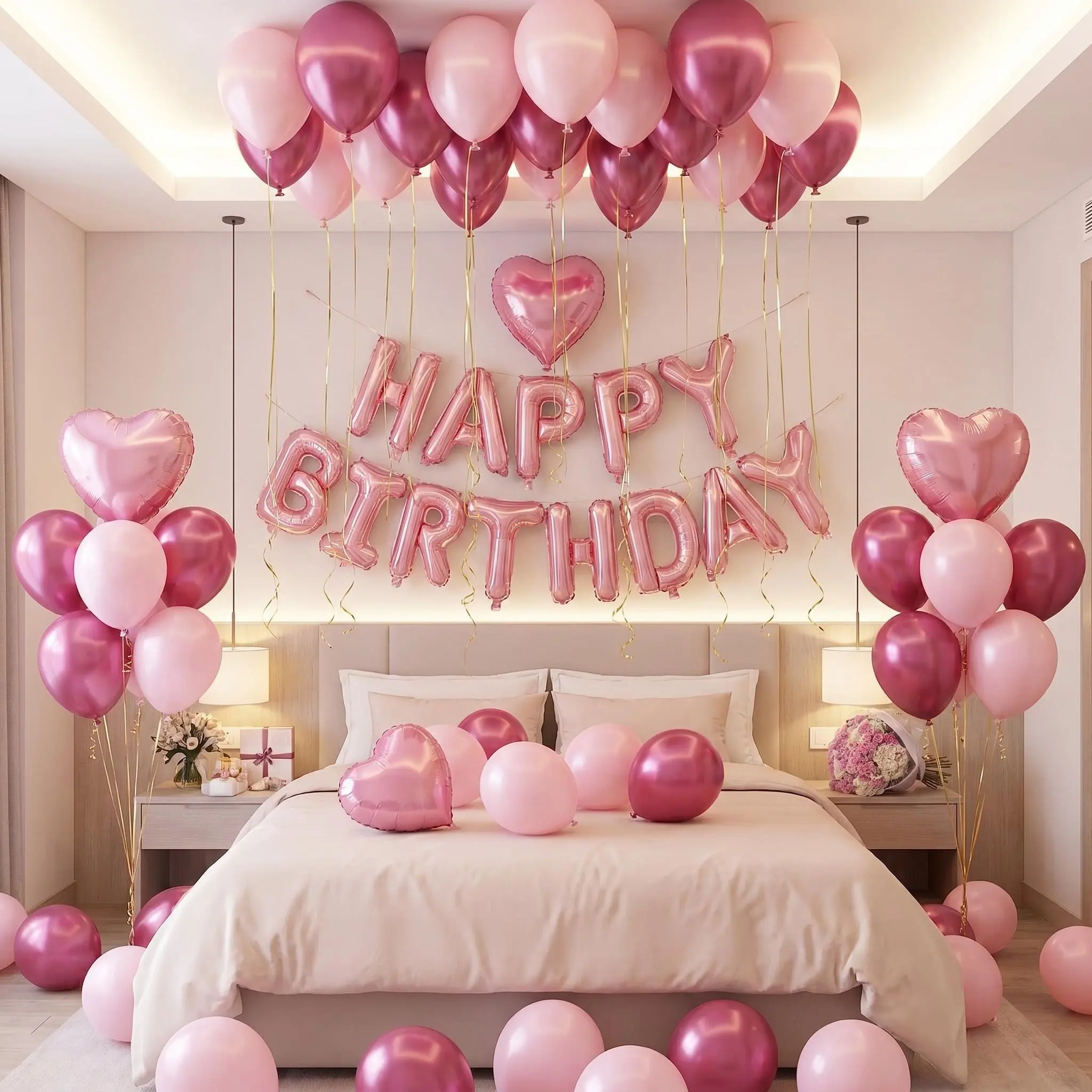 594-Piece Pink Decorations Set - 16in Heart-Shaped Metallic PET-Latex Units with Aluminum Accents, Letters, Garland, Pastel Arch for Happy Birthday, Anniversary, Business Events