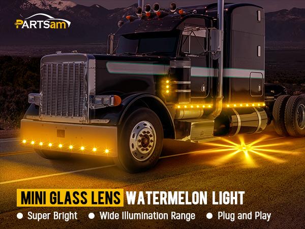 Partsam 10Pcs Mini Glass Lens Watermelon Lights, Amber LED Marker Clearance Light Turn Signal for Semi Truck Trailer RV, Compatible with Freightliner Kenworth Peterbilt