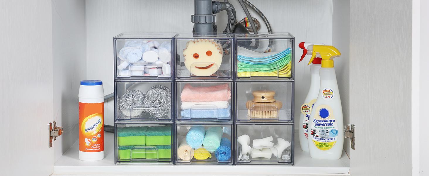 4 Pack Clear Small Stackable Storage Drawers,Acrylic Bathroom Makeup Organizer,Plastic Storage Bins For Vanity, Undersink, Kitchen Cabinets, Pantry, Home Organization