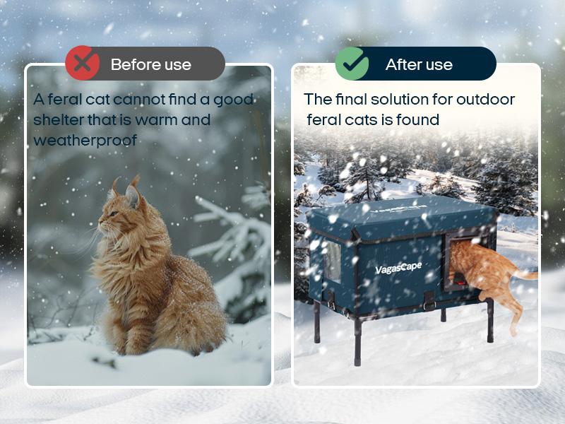 【Limited】Vagascape Heated Outdoor Cat House, Heated Bowl, Thermostat & Overheat Protection with Auto Shutoff, Warms in ~3s & Energy-Saving – Waterproof, Insulated & Elevated, 12mm Fiberglass Frame, Escape Door & Window, UL-Tested Heating Core