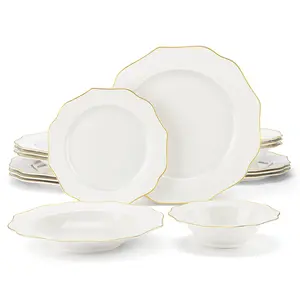 MALACASA Bone China Dinnerware Set, 16 Pieces Cream-White Plates and Bowls Sets with Gold Rim, Serving Plates and Small Bowls for Dessert Salad Soup Pasta Cereal, Scratch Resistant, Series LOTUS