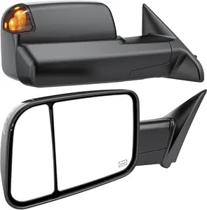 Smoked Power Heated Tow Mirrors Compatible with 2009-2018 Dodge Ram 1500, 2010-2018 2500 3500, 2019-2024 Ram 1500 Classic Flip Up Extended Trailer Towing Side Mirrors with Puddle Light, Black Housing，Cars accessories