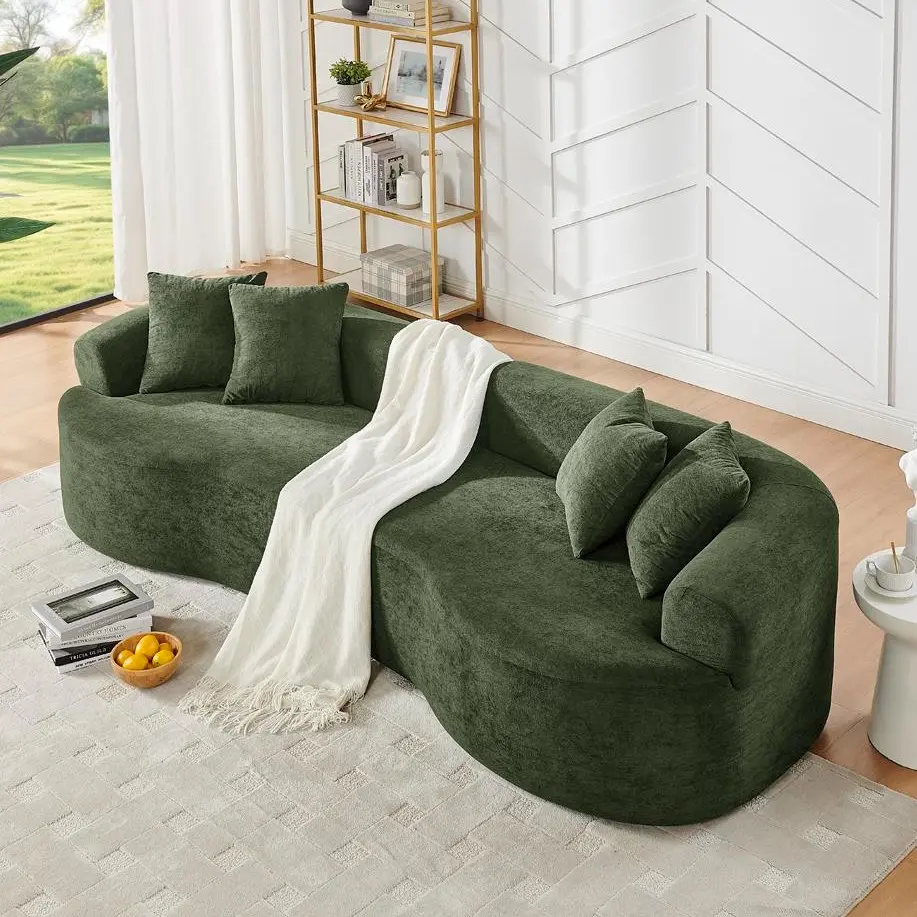 Eyisean Oversized Chenille Curved 4-Seat Sectional Sofa, 113in Modern Sturdy Sponge Couch with Fixed Arms, Removable Washable Cover, Non-Slip Base, 4 Throw Pillows, Fully Assembled for Living Room