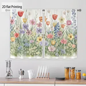 2D Flat Floral Butterfly Semi-Sheer Polyester Curtains, Uncorded Modern Spring Kitchen Decor, Watercolor Flowers, Mini Butterflies, Soft Pastel Vibe