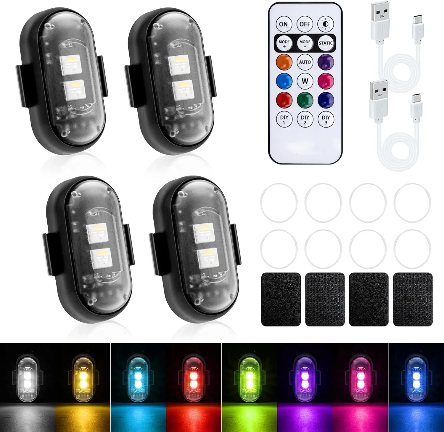 4 Pcs Wireless Rechargeable Magnetic LED Strobe Lights, 8-Colors USB Waterproof Anti-Collision LED Car Flashing Warning Light with Remote Control for Cars, RC Cars, Bikes, Motorcycles