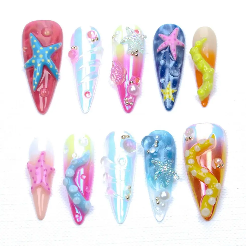 Beach Vacation Press On Nails,Long Stiletto Color Shimmer Nails With 3D Starfish Shell Octopus Tentacle Pearl Nails, Summer Coastal Beach