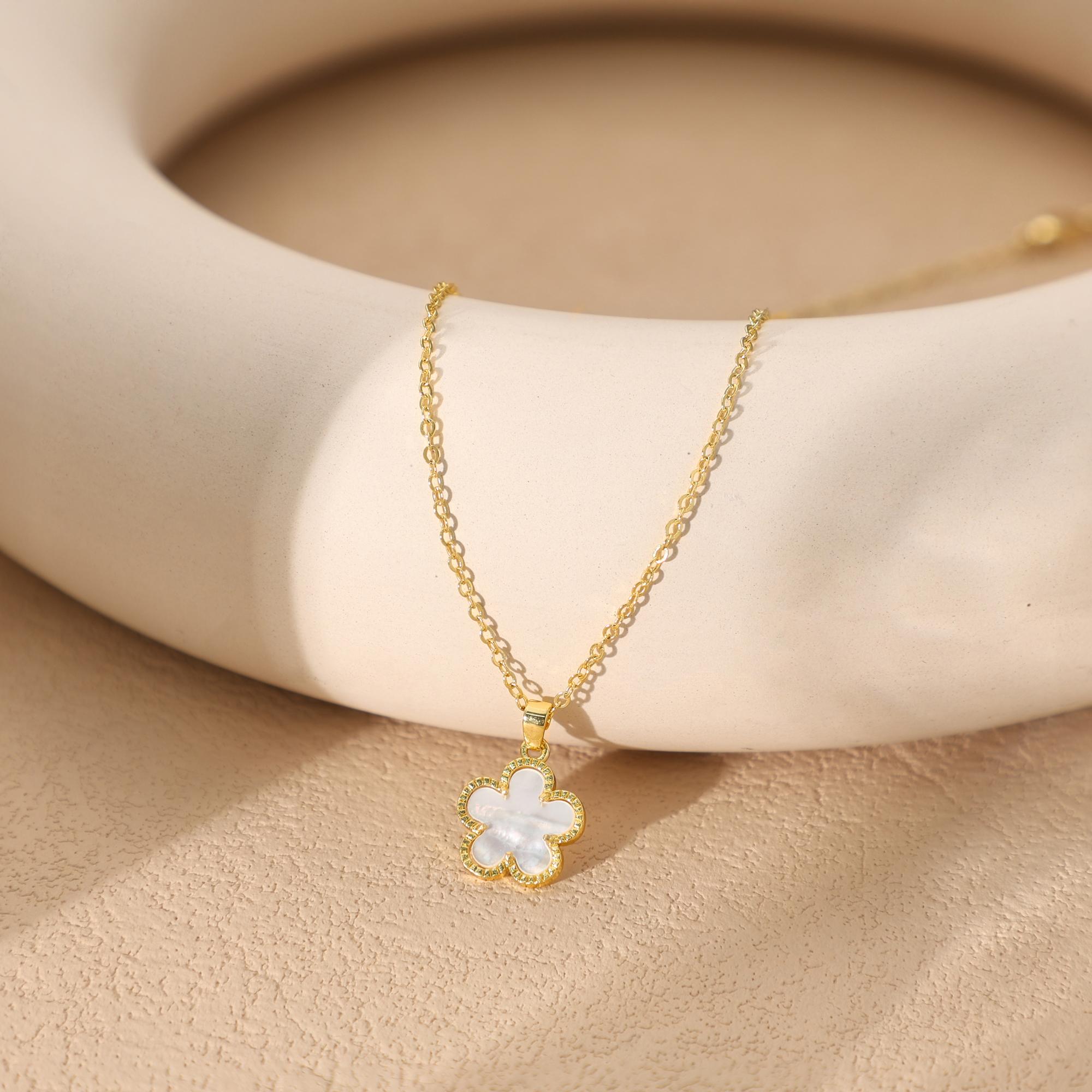 TEWIKY Gold Trim Shell Flower Pendant Necklace for Everyday Wear - Christmas Gift for Her TEWIKY Gold Trim Shell Flower Pendant Necklace for Everyday Wear - Christmas Gift for Her