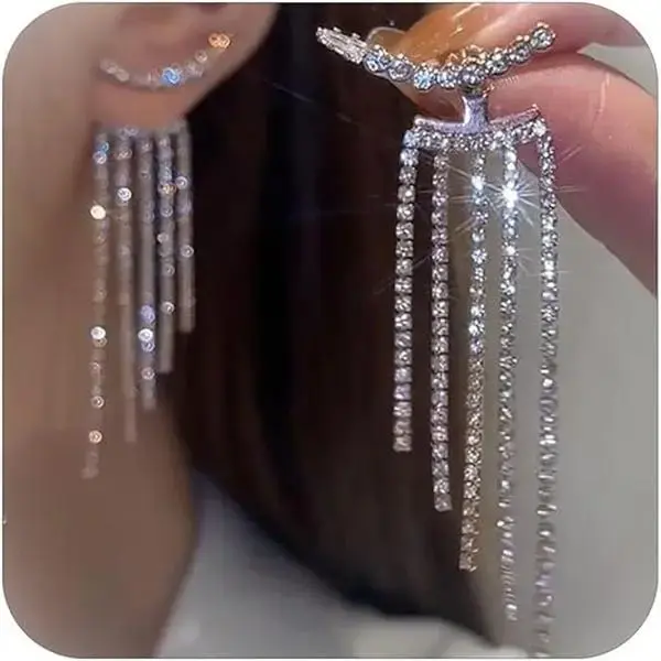Veliora Gift B Prom Earrings Silver Jewelry for Prom Dresses 2026 Rhinestone Earrings for Women Sparkly Long Tassel Chandelier Earring Dangling Wedding Party Formal Evening Dress Accessories money bracelet