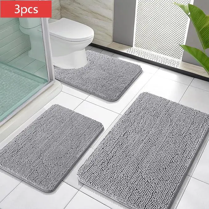 Plush Chenille Bathroom Rug Set (1 or 3 Pieces) - Super Soft, Absorbent, Quick Dry, Non Slip Bath Mat with U-Shaped Toilet Floor Rug for Decorative Bathroom Decor