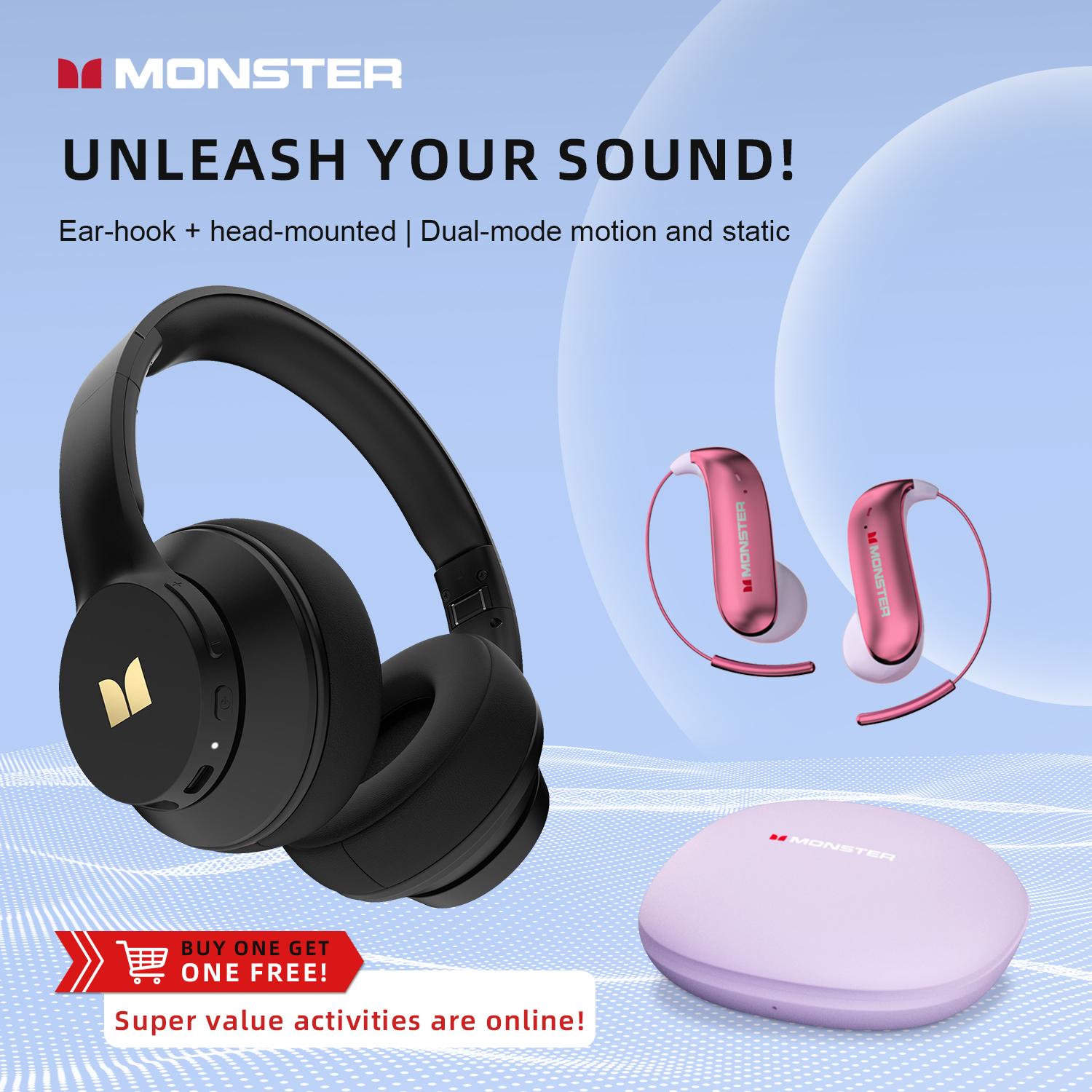 Monster Bluetooth Headphones Set – Includes Over-Ear Wireless Headphones and Ear Buds Ear-Hook Earphones, Deep Bass, Clear Sound, Noise Cancelling Mic, Noise Isolation, IPX5 Waterproof, 40H + 80H Playtime, Ideal for Travel, Work & Gifts for Men and Women