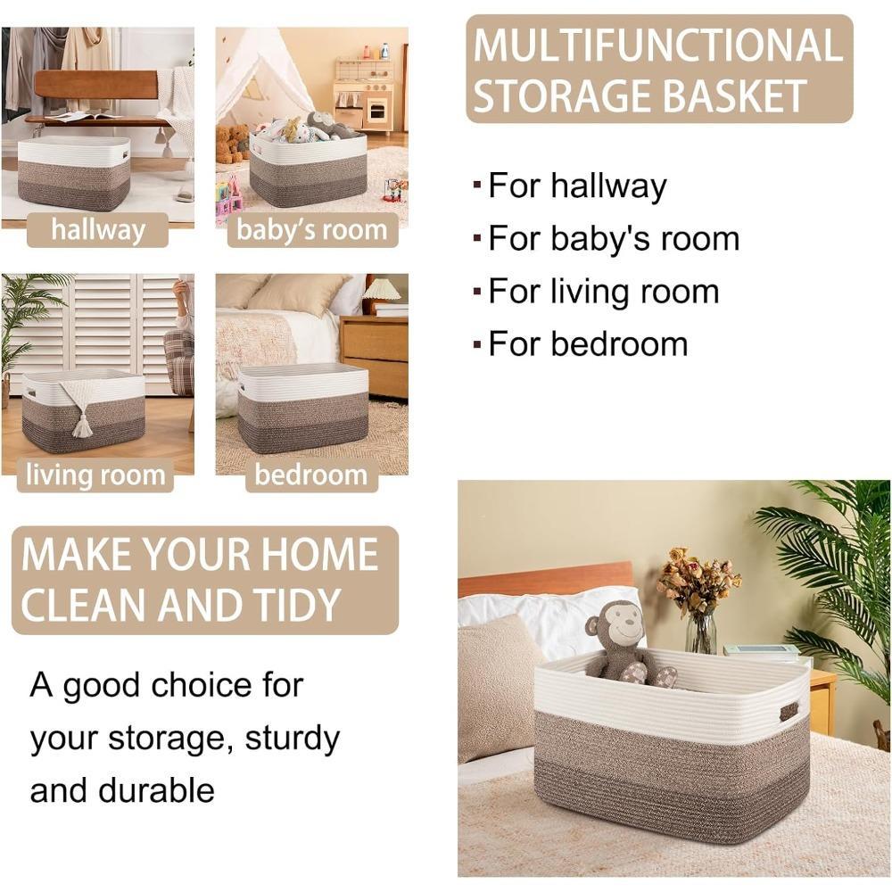 Extra Large Blanket Basket, Rectangle Woven Cotton Rope Storage Basket,Used for storing Dirty Clothes, Stuffed Animal Toy Storage for Living Room,Kids Room,Gradient Brown